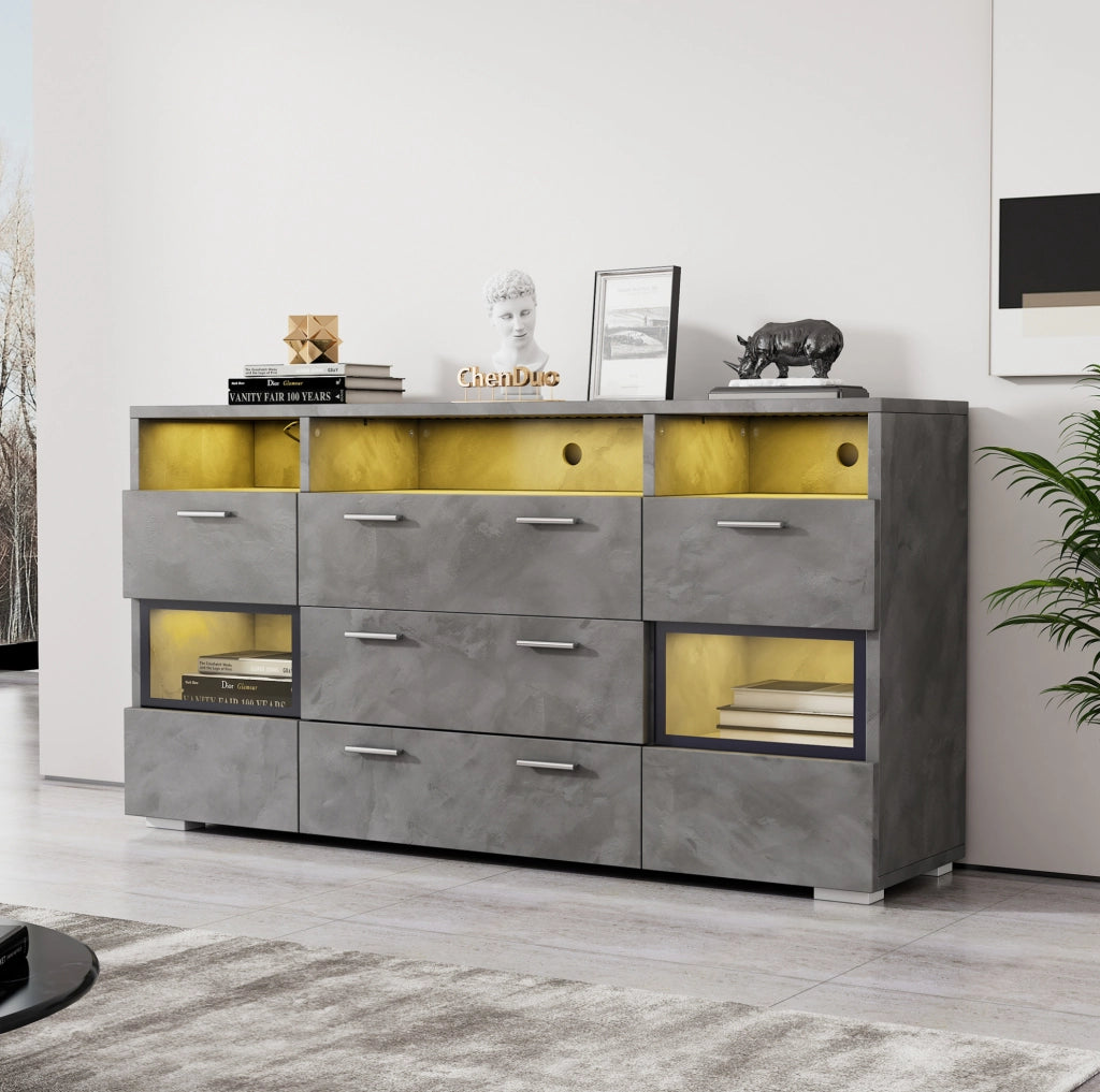 Sideboard grigio 140 cm con LED; 2 ante in acrilico; 3 cassetti e 3 vani aperti