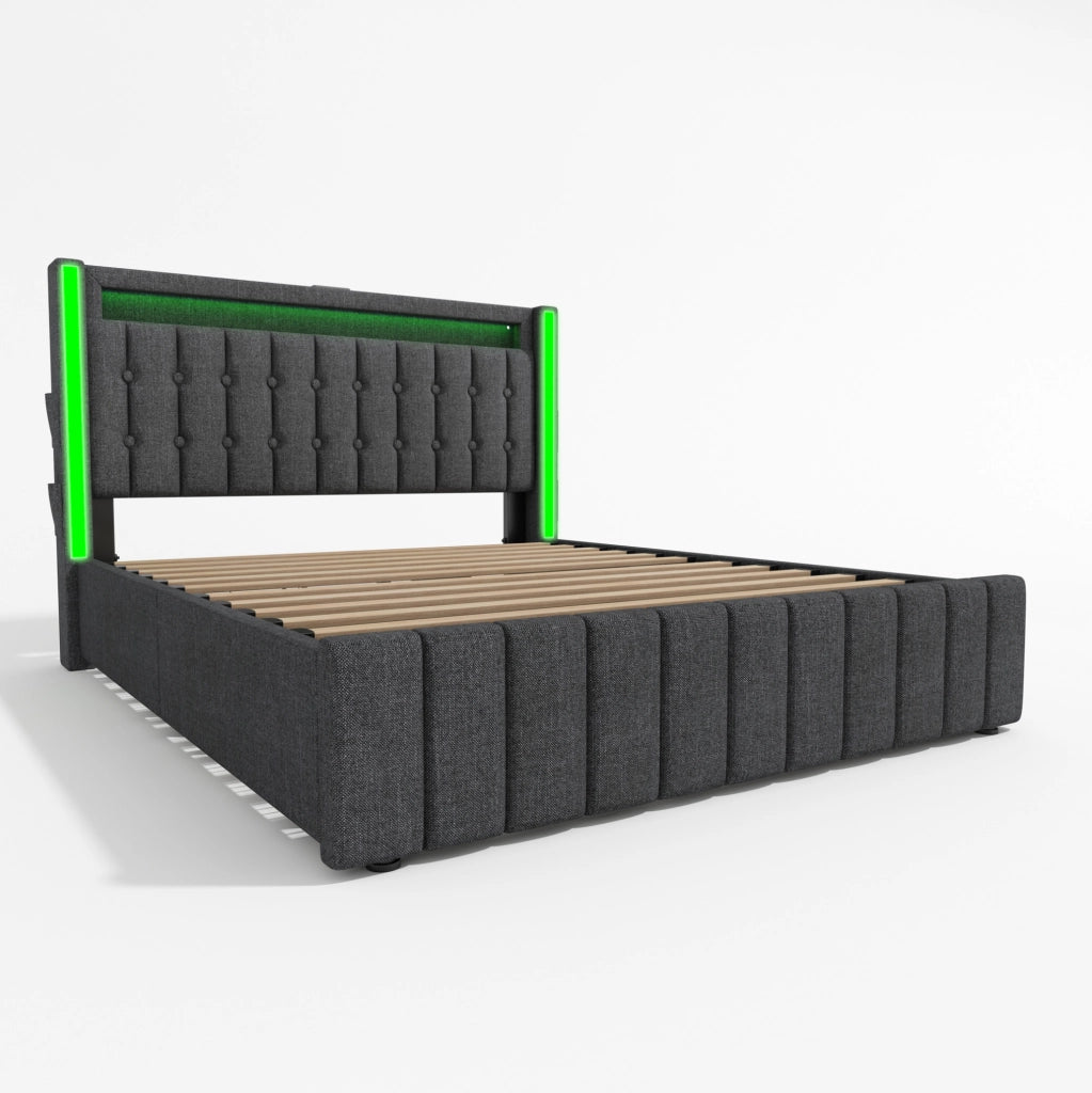 Letto imbottito 140x200 con materasso; LED; 4 cassetti; USB e Type-C; lino grigio