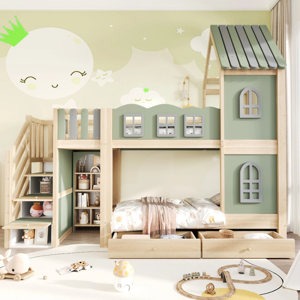 Letto a castello per bambini 90x200 cm a casetta con scala contenitore; verde; grigio e legno naturale