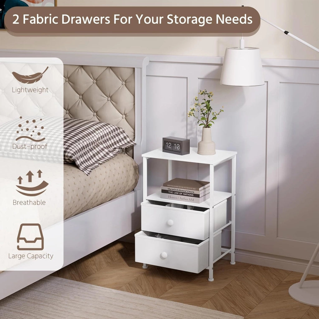 Set di 2 Comodini Camera da Letto, Comodini Bianchi con 2 Cassetti in Tessuto e 1 Scomparto Aperto, Tavolino Basso da Salotto, Moderno, in Legno Metallo, 40x30x60 cm
