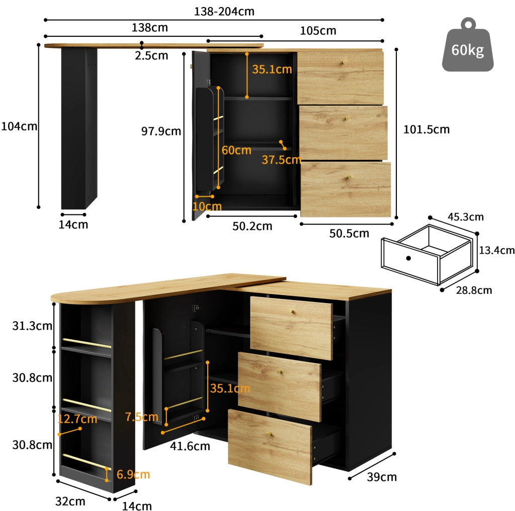 Tavolo bar 138-204x39x104 cm girevole e allungabile con ampio spazio contenitivo in MDF nero