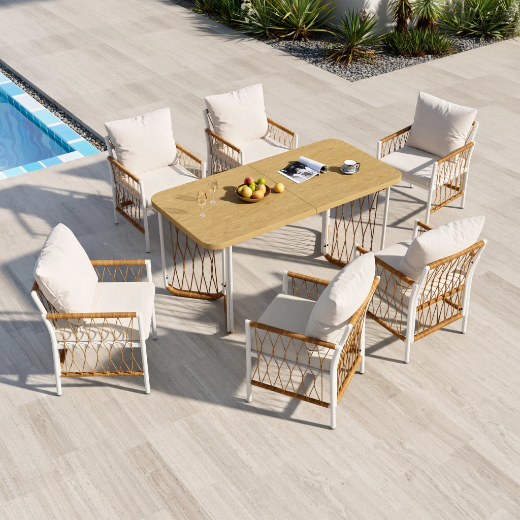Set Tavolo e Sedie da Giardino con 1 Tavolo e 6 Sedie; Cuscini Inclusi; Ferro e Poliestere; Beige