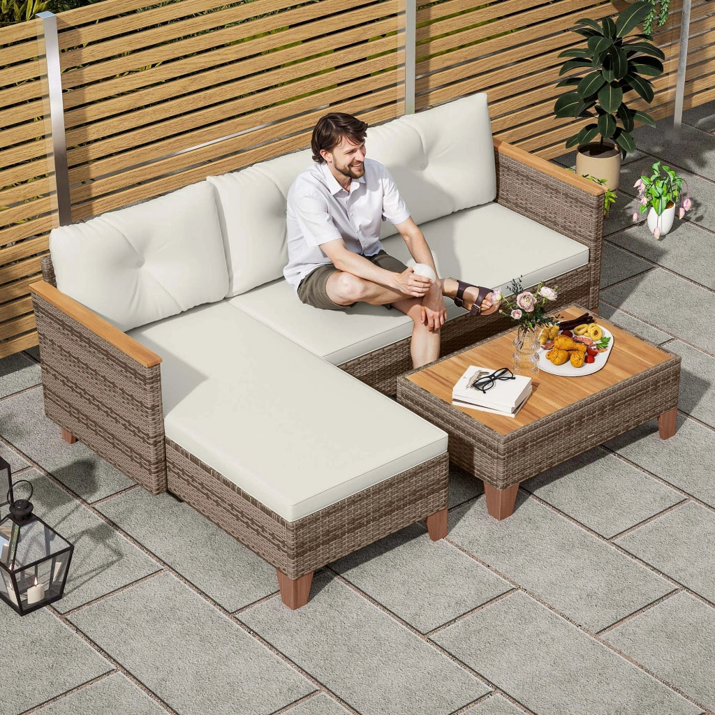 Set Salotto da Giardino Divano 2 Posti con Chaise Longue e Tavolino  in Rattan PE Crema