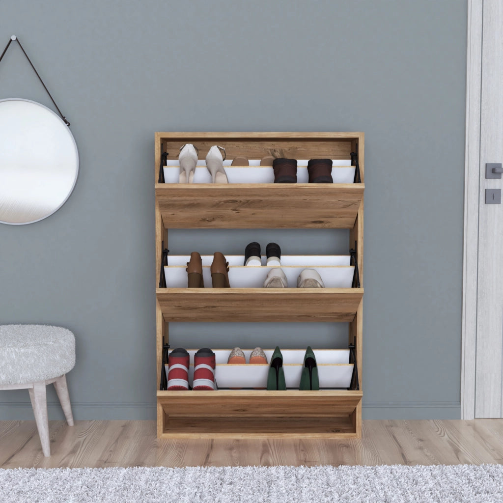 Scarpiera Salvaspazio Slim con 3 Contenitori Ribaltabili Portascarpe Stretto da Ingresso Capienza 18 Paia 110 x 73,5 x 24 cm - Effetto Rovere [en.casa]