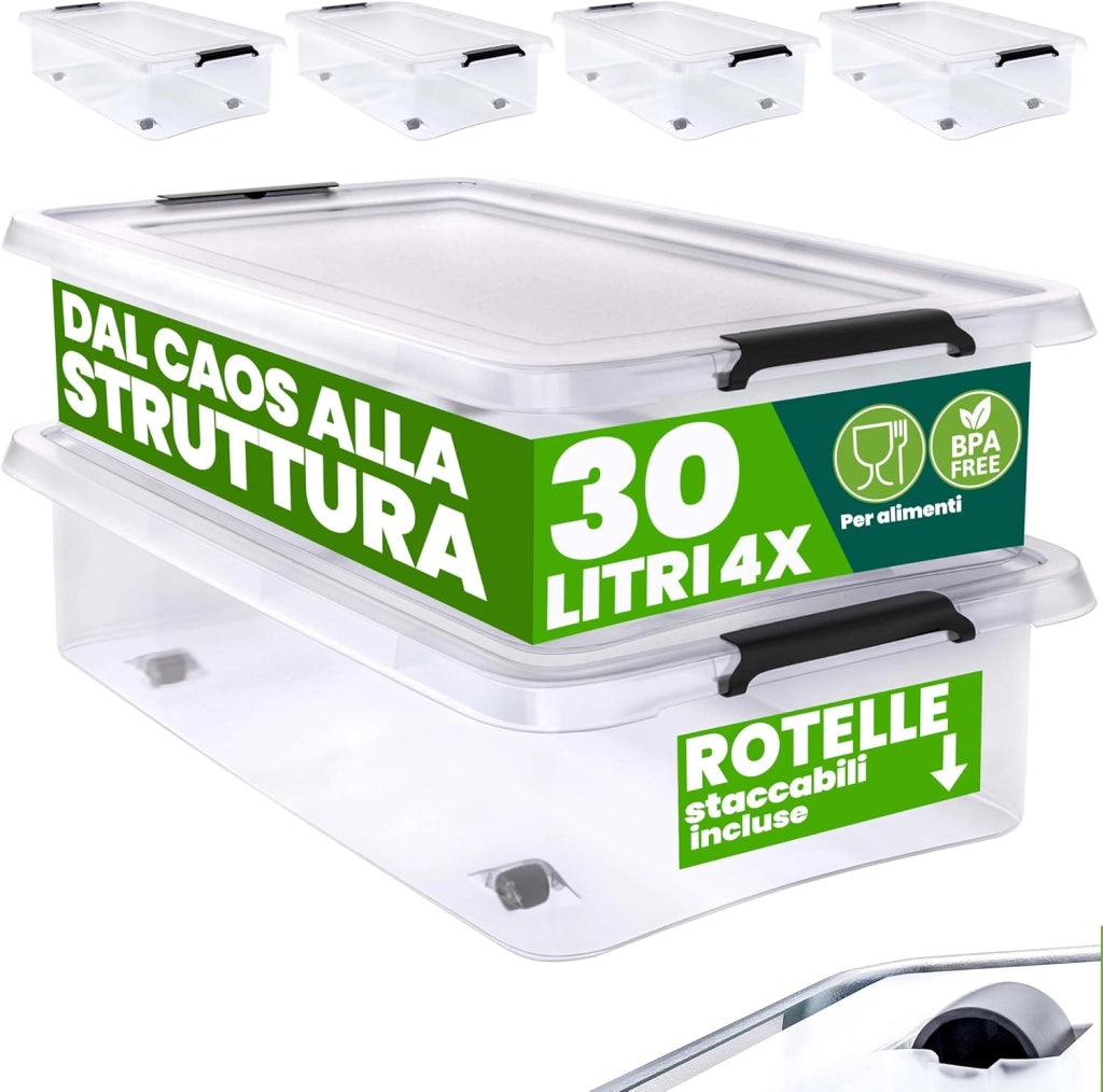 4X 30L Scatole in Plastica Trasparente Senza BPA Contenitori con Coperchio Impilabili Ruote Cassette Salvaspazio