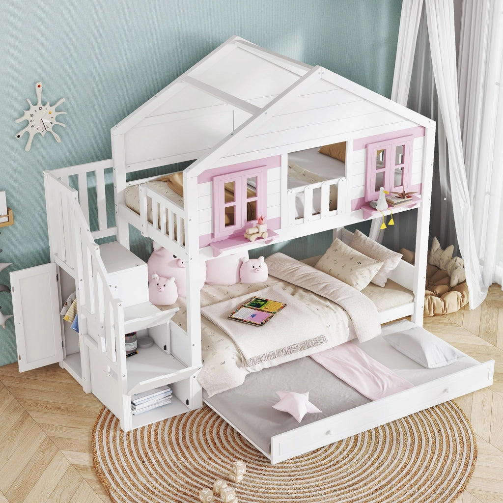 letto a castello in legno massiccio e mdf bianco rosa 90x200 cm