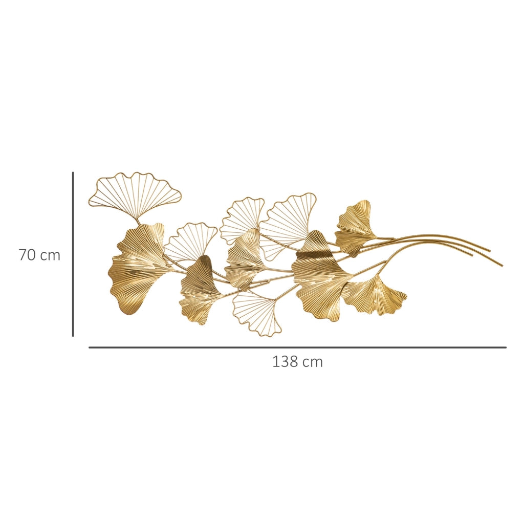 Decorazione Murale 3D 138x70 cm in Metallo Wall Art Dorata con Foglie di Ginkgo
