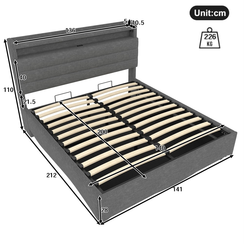 Letto Imbottito Contenitore con LED ¨C MINIMAL ¨C Tessuto Grigio 140x200 Idraulico