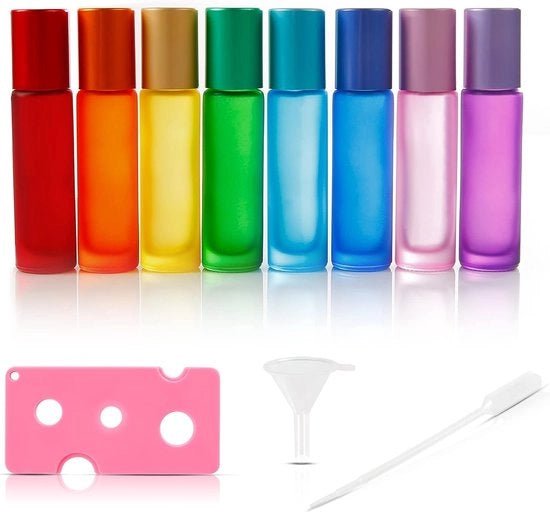 8 pezzi di vetro rotolante su flaconi, vetro rotolante colorato con rivestimento opaco con palla rotolante in acciaio inossidabile, piccolo e portatile, flaconi rotolanti per oli essenziali, aromaterapia (10ml)