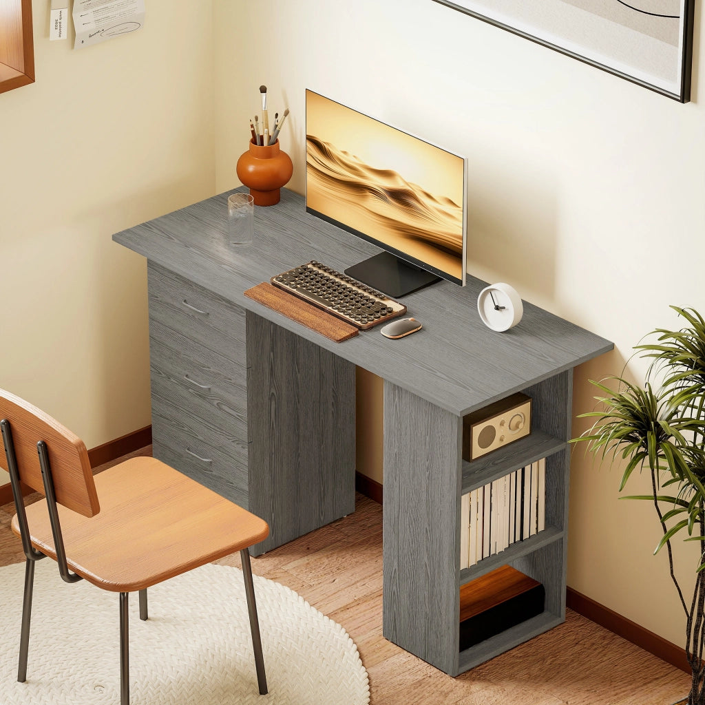 Scrivania con 3 Cassetti e Ripiani ¨C Zephmum ¨C Legno Grigio 120x49x72 cm