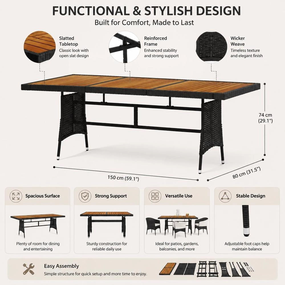 Garden Table Black 160x70x72cm Poly Rattan & Solid Acacia Wood