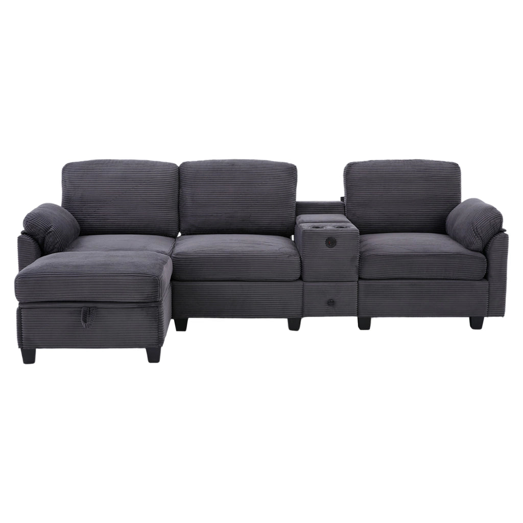 Divano Grand Cord con Ottoman, Cassetto e USB-C ¨C Xylo ¨C Tessuto, Grigio