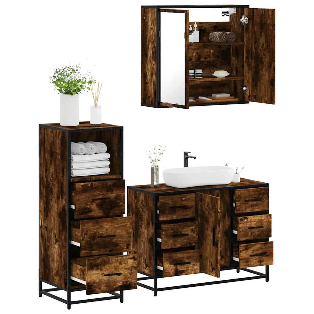 vidaXL Set Mobili da Bagno 3 pz Rovere Fumo in Legno Multistrato