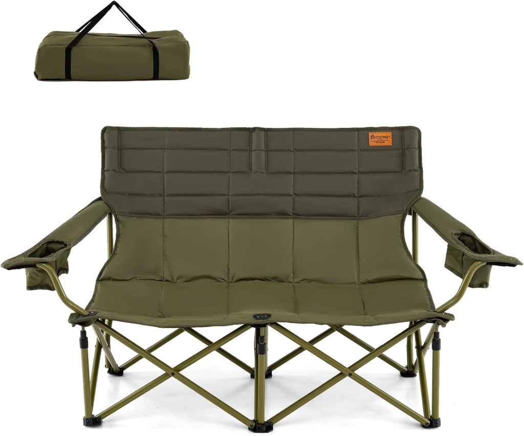 Sedia da Campeggio per 2/3 Persone, Divano per Picnic Pieghevole con Braccioli Regolabili e Portabicchieri, Sedia da Esterno Portatile con Borsa da Trasporto (147 x 69 x 82 cm,Verde)