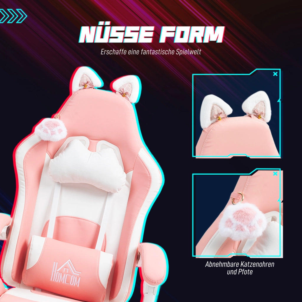 Poltrona Gaming con Orecchie da Gatto ¨C Zephmum ¨C Rosa e Bianco, Poggiapiedi Estraibile, Reclinabile
