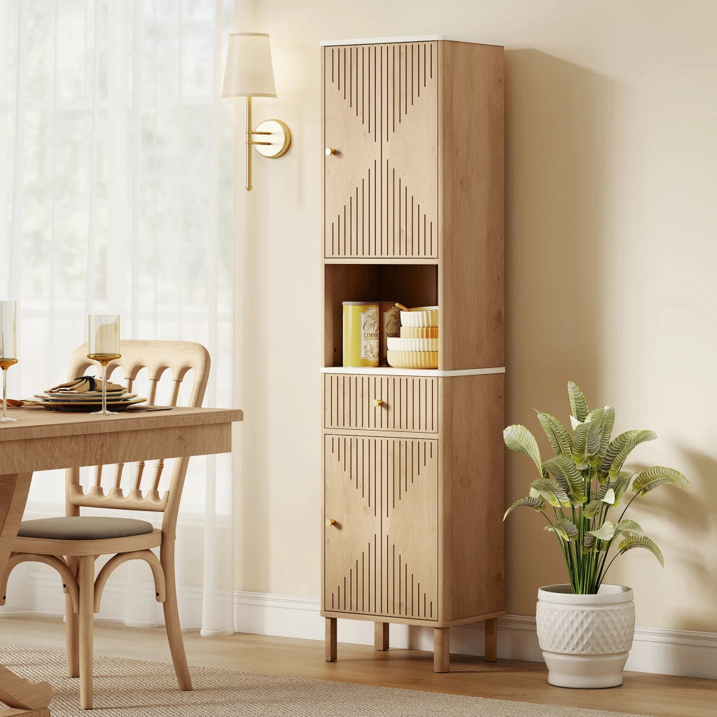 Mobile a Colonna Bagno 41,5x30x168 cm con  Ripiano Effetto Marmo e Ante Decorate in MDF Rovere
