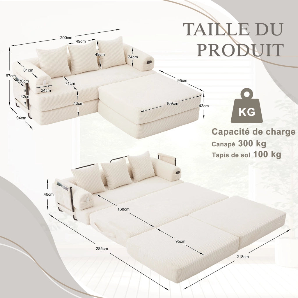 Divano modulare in corduroy beige con tasca laterale; 3 cuscini e struttura in metallo 200x190x67 cm
