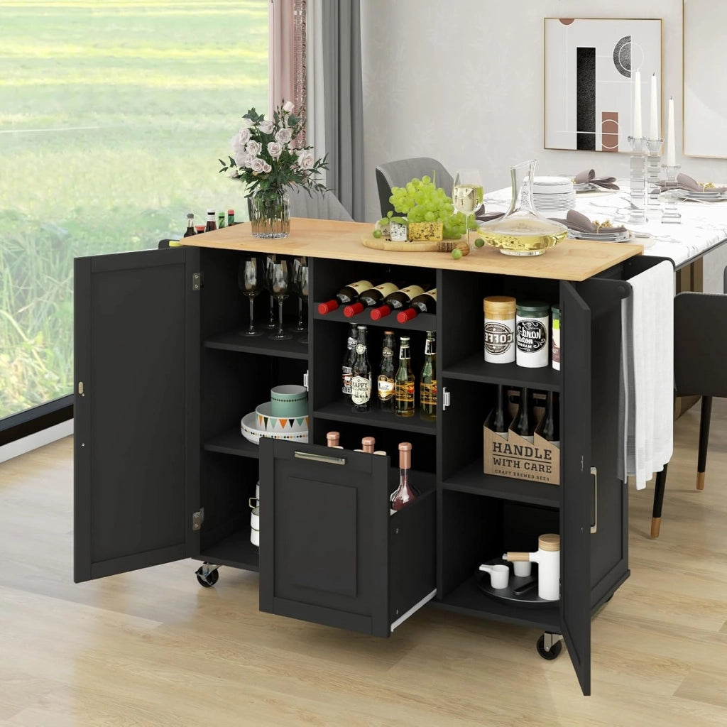 Carrello da Cucina con Ruote, Carrello di Servizio con 2 Armadietti a Anta, 1 Cassetto, 1 Portabottiglie, 1 Portasciugamani e 1 Portaspezie, Nero/Bianco (Nero)