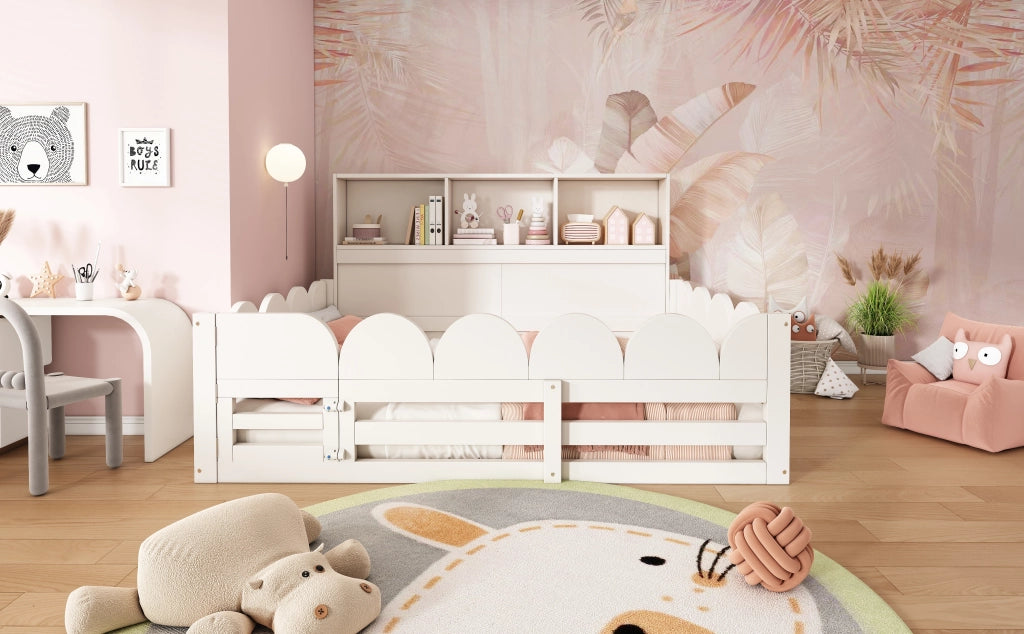 Letto per bambini 140 × 190 cm et 140 × 200 cm con barriera, porta e ripiani, senza materasso, in legno, bianco