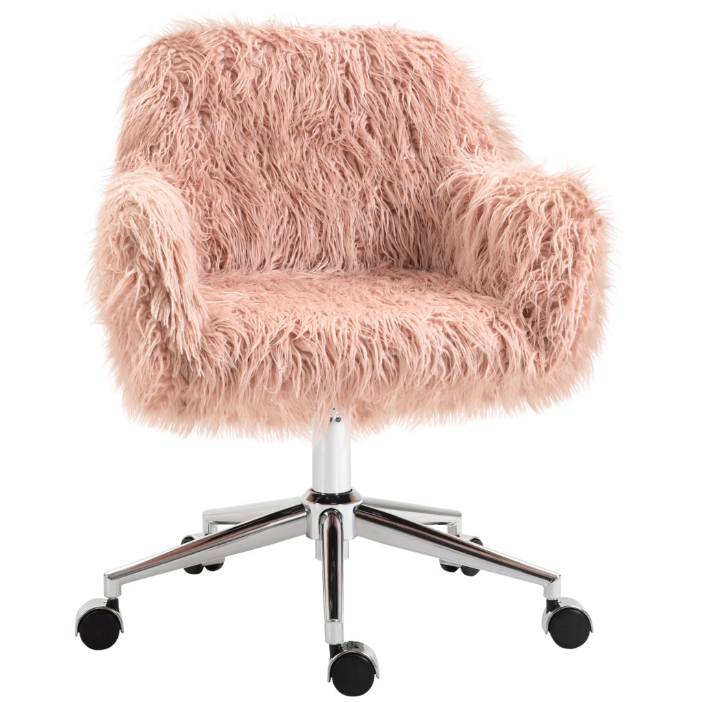 Sedia da ufficio in pelliccia sintetica con altezza regolabile, schienale ergonomico e braccioli in nylon rosa