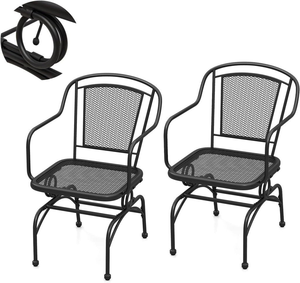 Set di 2 sedie da giardino, sedia da esterno, angolo di inclinazione di 15°, sedie a dondolo con gambe regolabili, carico di 102 kg, per terrazza, balcone, cortile, feste, nero
