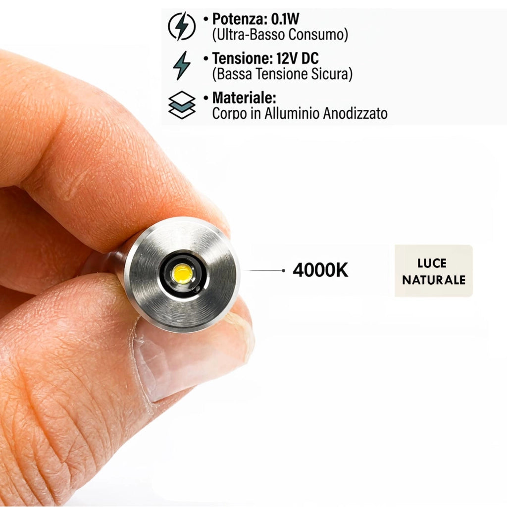 Mini Faretto Punto Luce Spot 12V da Incasso LED 0,1W Basso Consumo Indicatore Luminoso per Mensole Ripiani Ascensore Auto 4000K