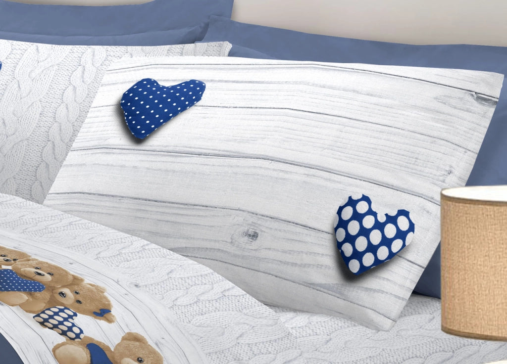 Completo Lenzuola Linea Pensieri Delicati 100% Cotone Disegno New Orsetti - Matrimoniale - Blu