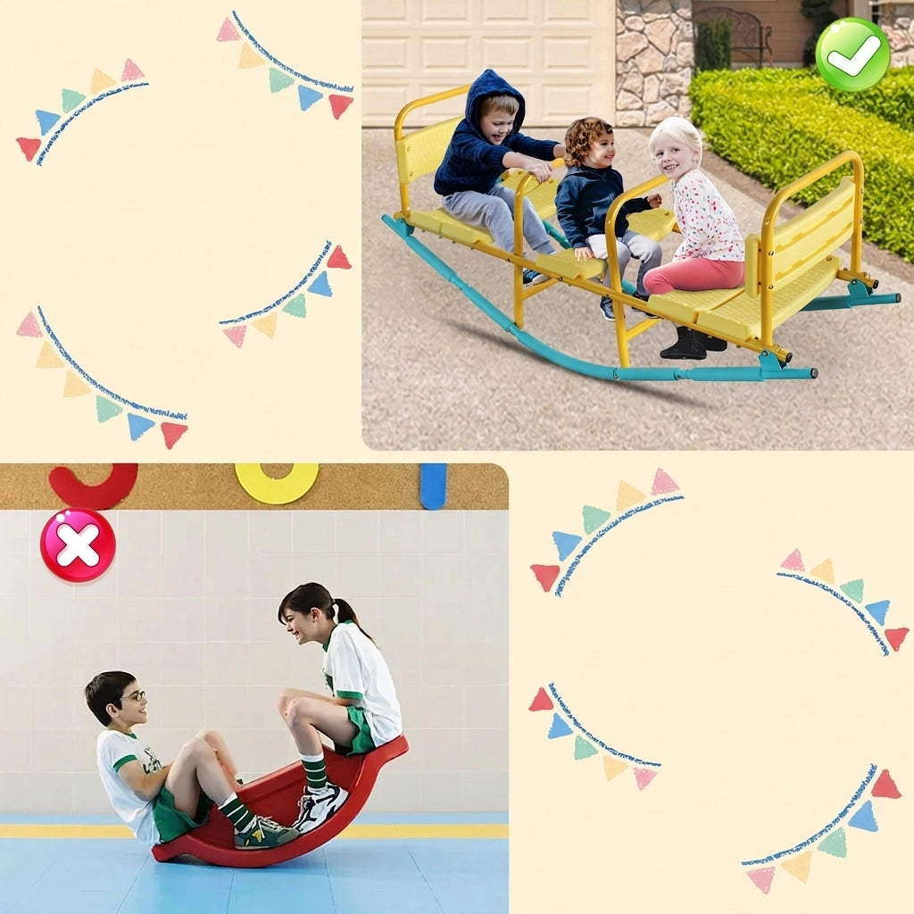 Altalena Basculante per Bambini 3 Posti 132;99 cm in Acciaio e Plastica; Blu e Gialla