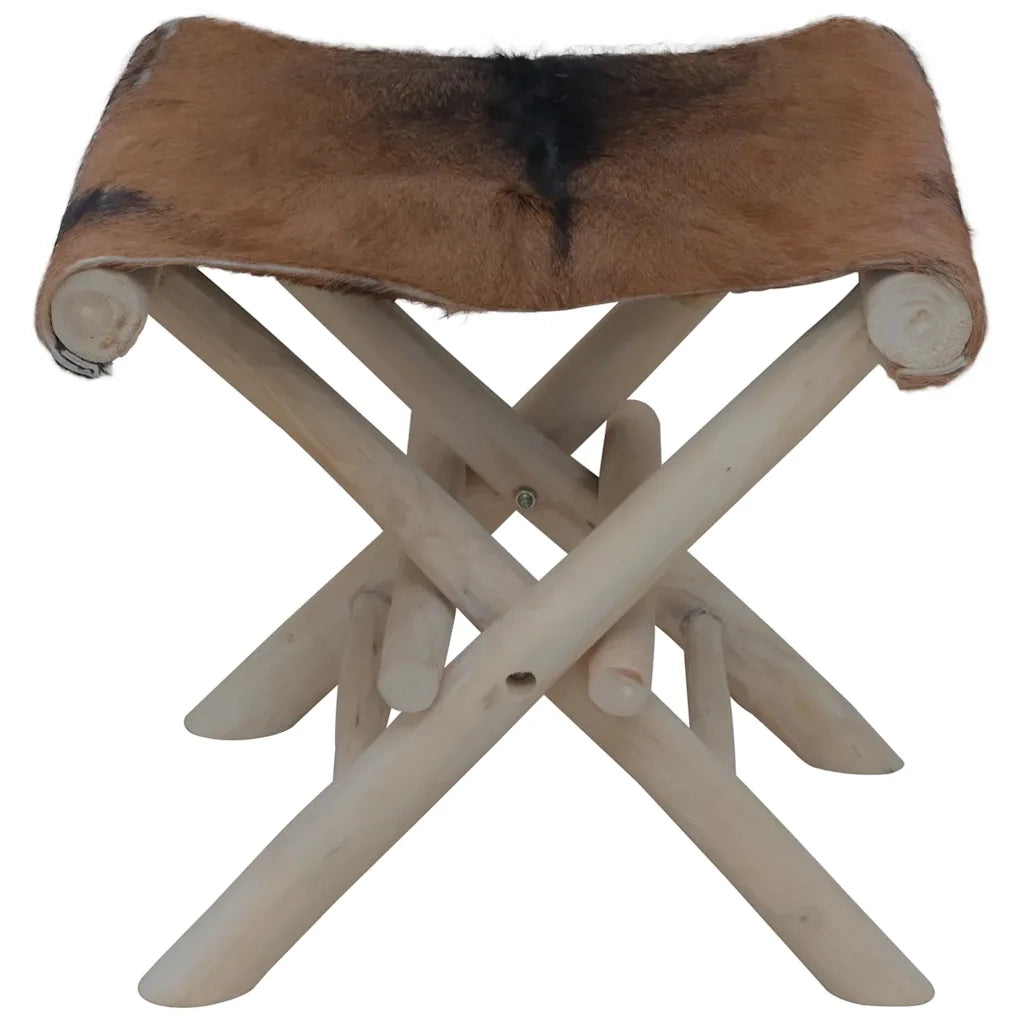 Sgabello Pieghevole in Pelle di Capra e Legno di Teak 288815