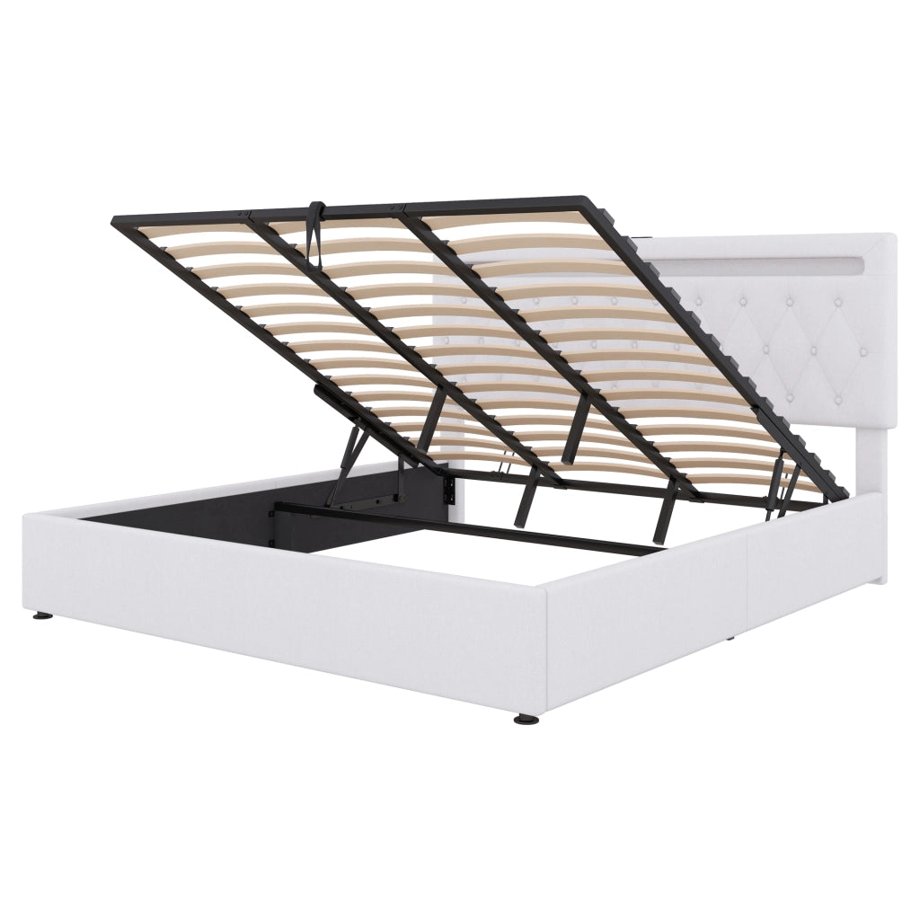 Letti contenitori 180x200 cm con sollevamento idraulico; LED USB; lino e MDF; bianco