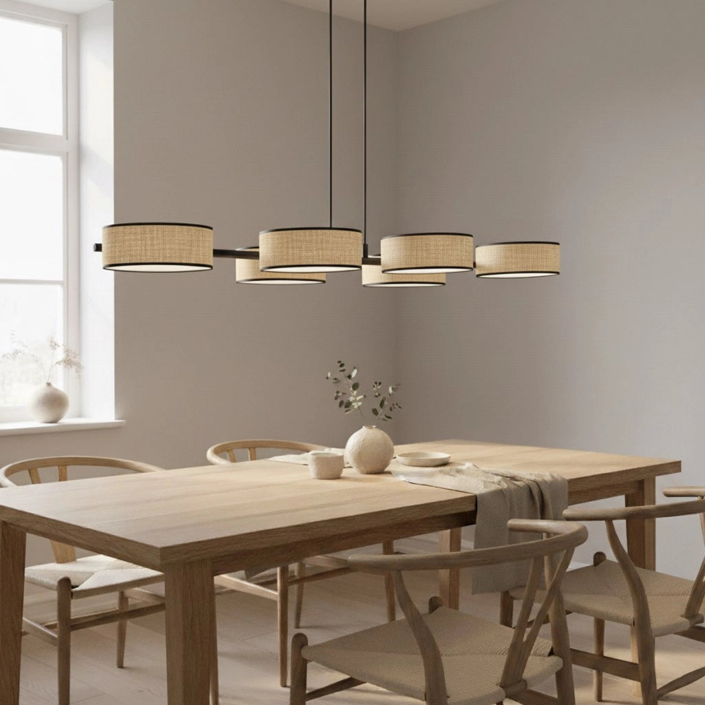 Lampada a sospensione Drumz in acciaio nero e rattan