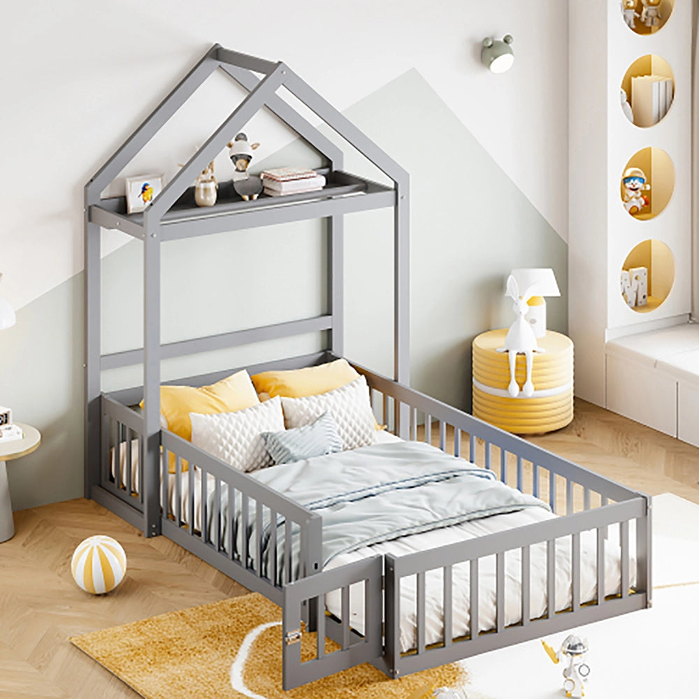 Letto singolo per bambini con contenitore - Xylo - 90x200 cm - Grigio - Protezione completa porte e rete