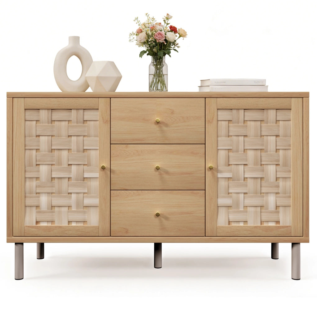 Credenza 120x40x75 cm in MDF e metallo; ecru; 2 ante e 3 cassetti
