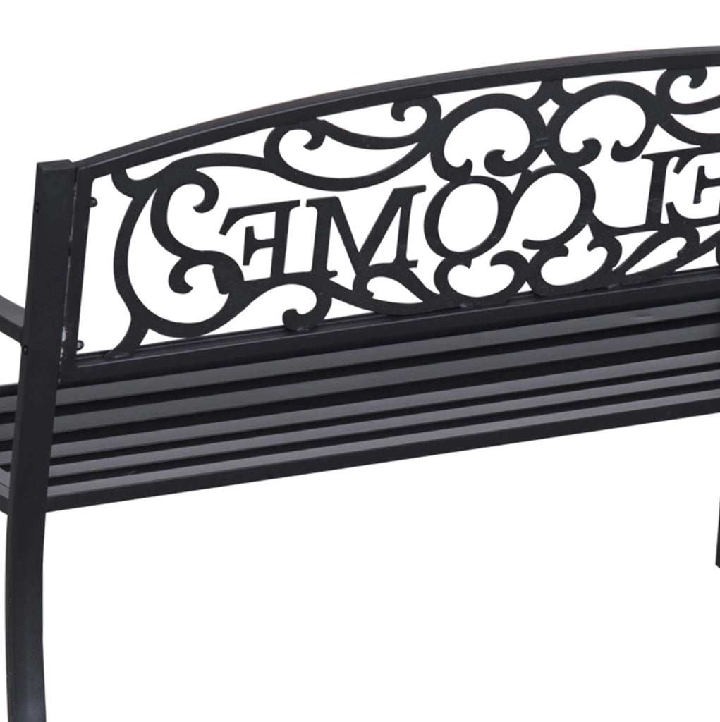 Panchina da giardino 2 posti 127x60x87 cm in ferro con scritta WELCOME; nera