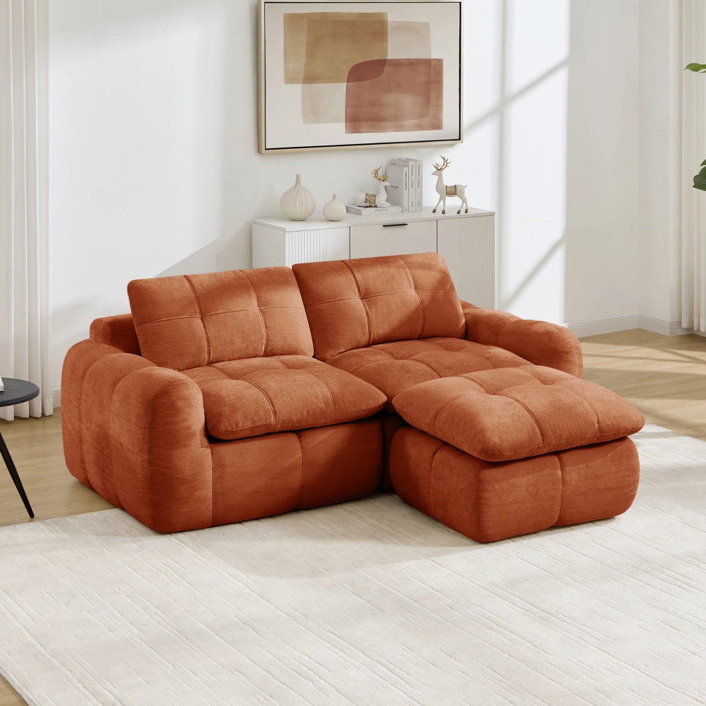 Divano modulare a L in chenille con comfort ergonomico e poggiapiedi arancione per soggiorno e appartamenti