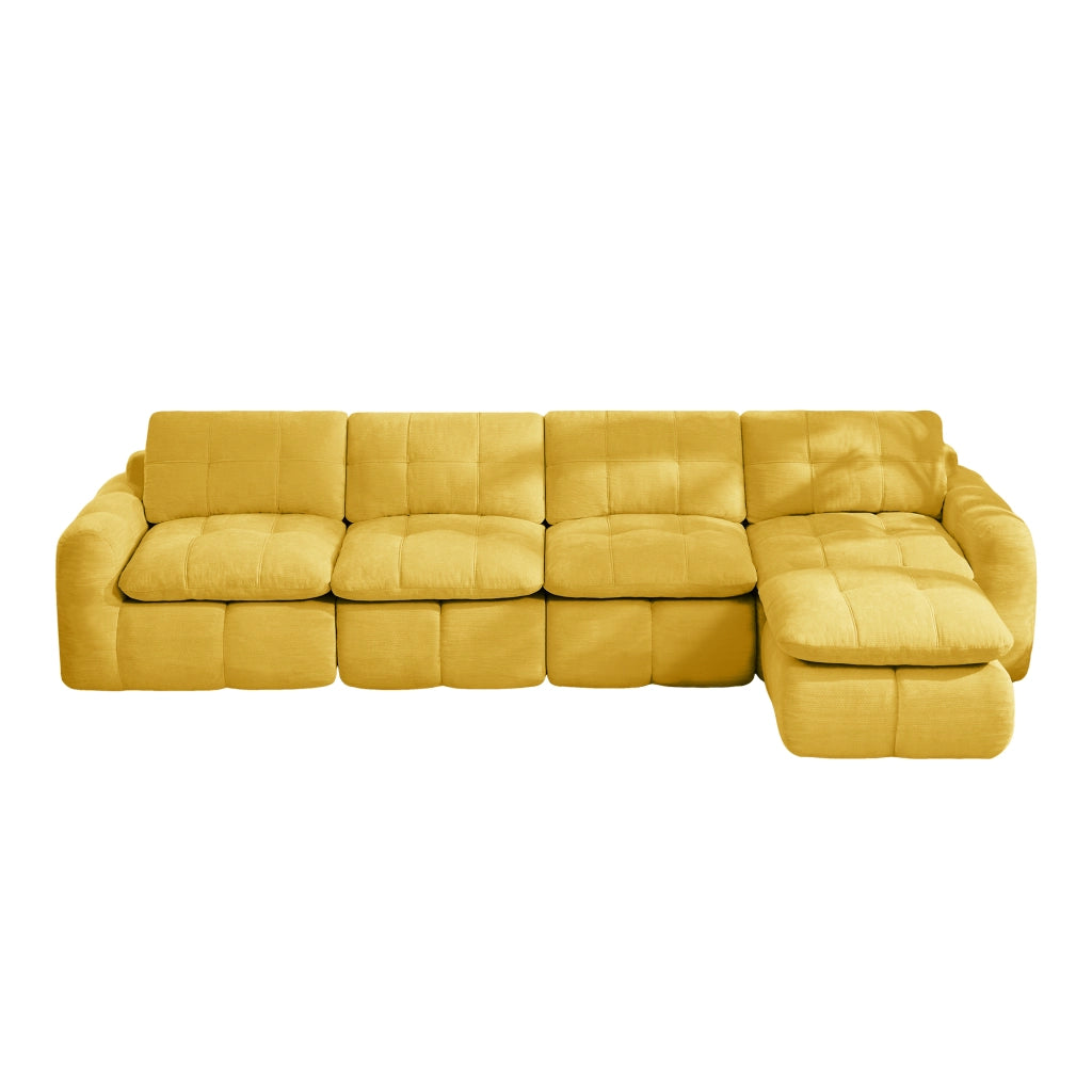 Divano modulare angolare 4 posti con pouf e seduta profonda in chenille giallo 334×160×68 cm