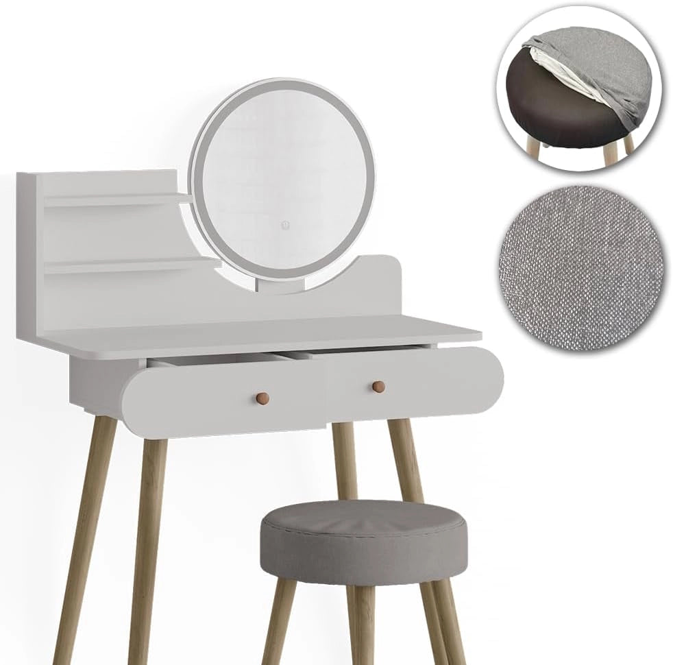 Vicco Tavolo da toeletta Edda, Bianco, 80 cm con illuminazione LED e sgabello, con specchio LED rotondo e sgabello coordinato