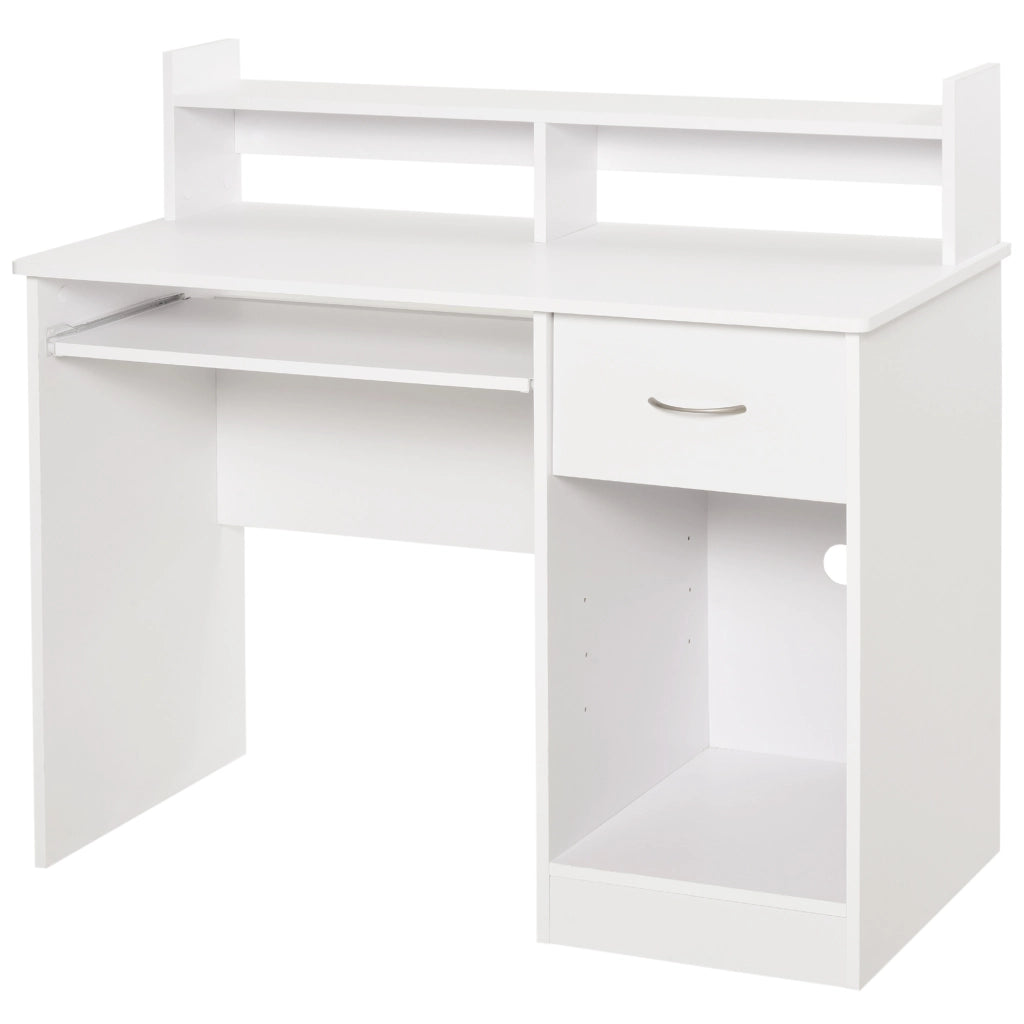 EasyComfort Scrivania per Computer Compatta, Scrivania PC Fisso in Legno Bianco con Ripiano Tastiera Estraibile e Mensole 104x48x95.5cm