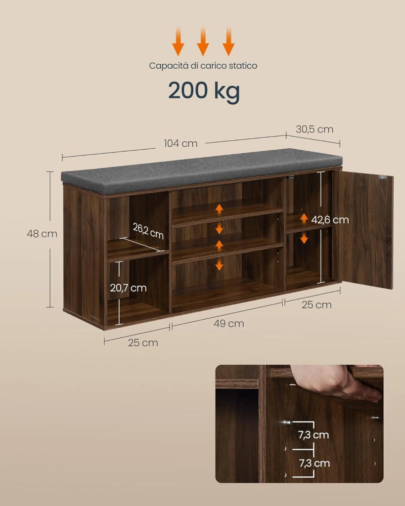 SONGMICS HOME Panca Scarpiera, Montaggio Rapido Senza Attrezzi Toolless, Panchina con Scomparti Aperti, Ripiani Regolabili, Portascarpe, Noce Naturale e Grigio Ardesia LHS391KE02