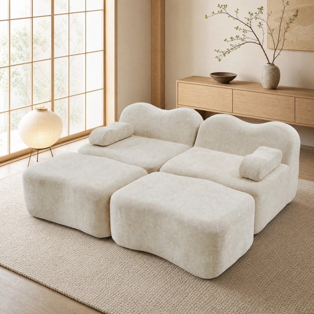 Divano modulare beige in velluto, design senza struttura antiscivolo