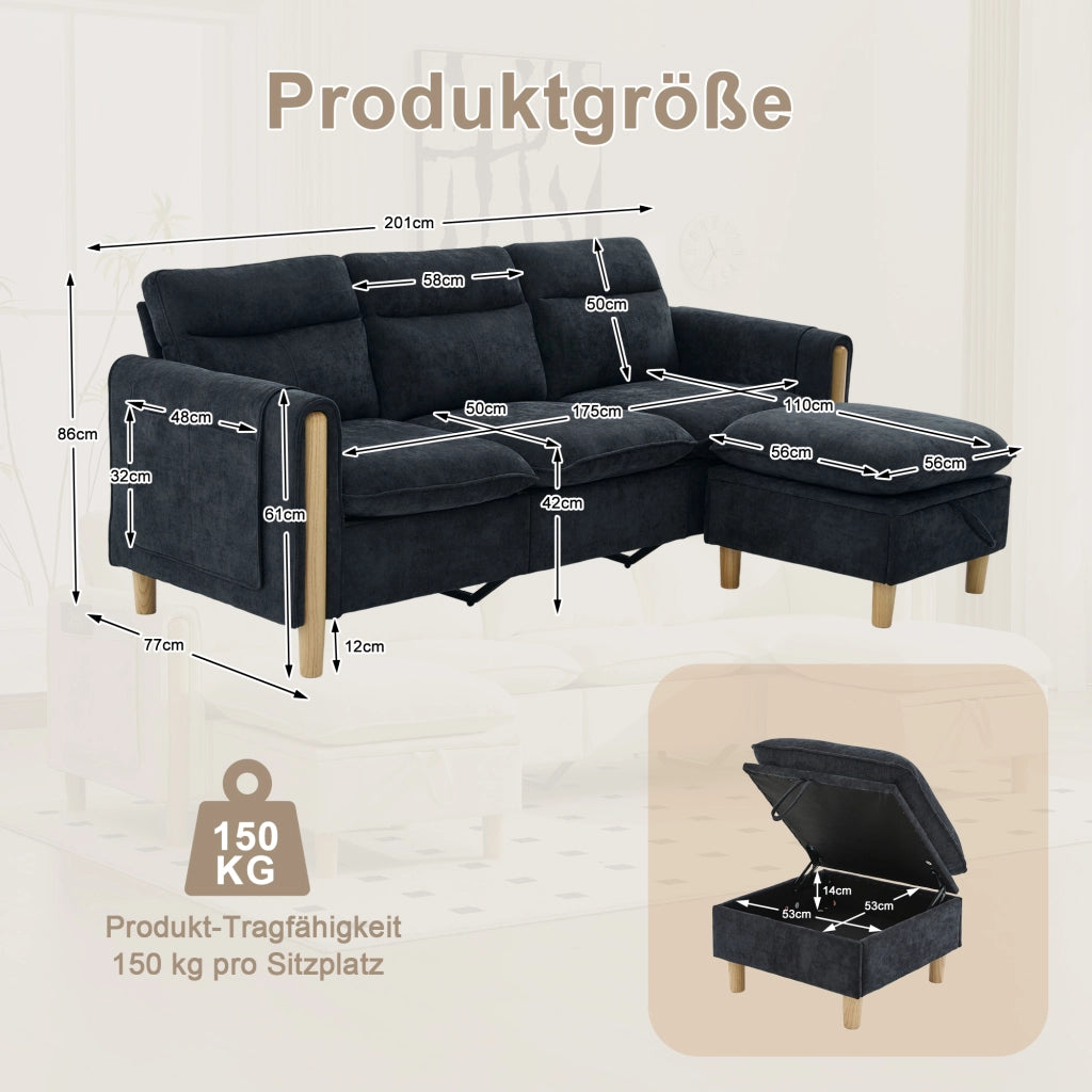 Divano angolare modulare a tre posti con pouf contenitore e tasche laterali in ciniglia nero 201 × 77 × 86 cm