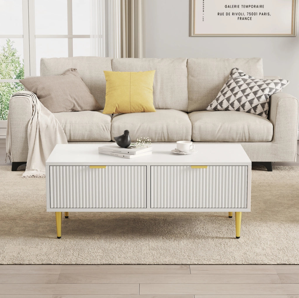 Tavolino da caffè bianco e oro con 2 cassetti; ripiano inferiore; MDF; 100x50x40 cm