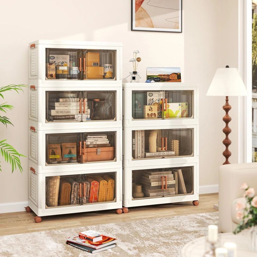Contenitori Pieghevoli con Coperchio, Set da 4/3 Scatole di Plastica Impilabili con Ruote, per Organizzatore di Armadio con Porte a Apertura Frontale, Multiuso (68,5 x 37,5 x 140 cm)