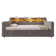 Letto imbottito singolo 90×190 cm con 2 cassetti; LED; USB e Type-C; testiera con ripiani; senza materasso
