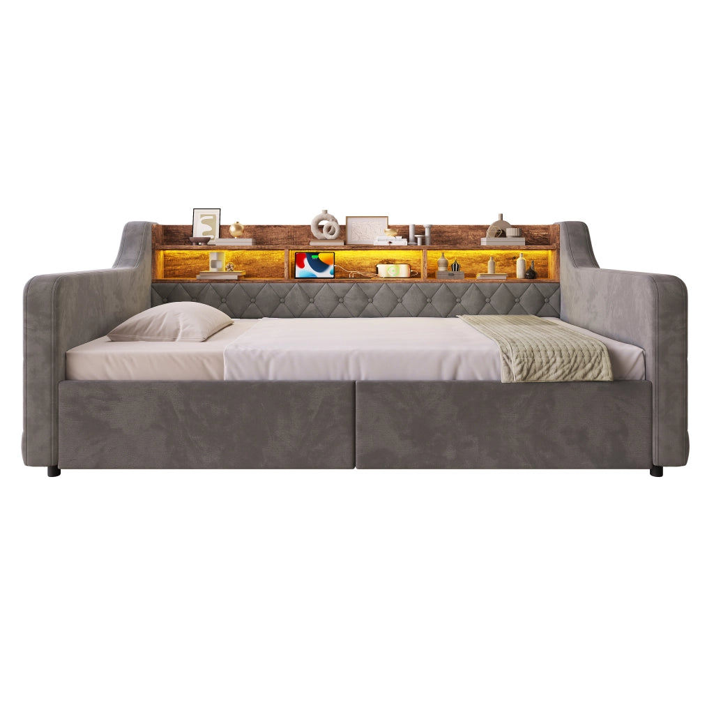 Letto imbottito singolo 90×190 cm con 2 cassetti; LED; USB e Type-C; testiera con ripiani; senza materasso