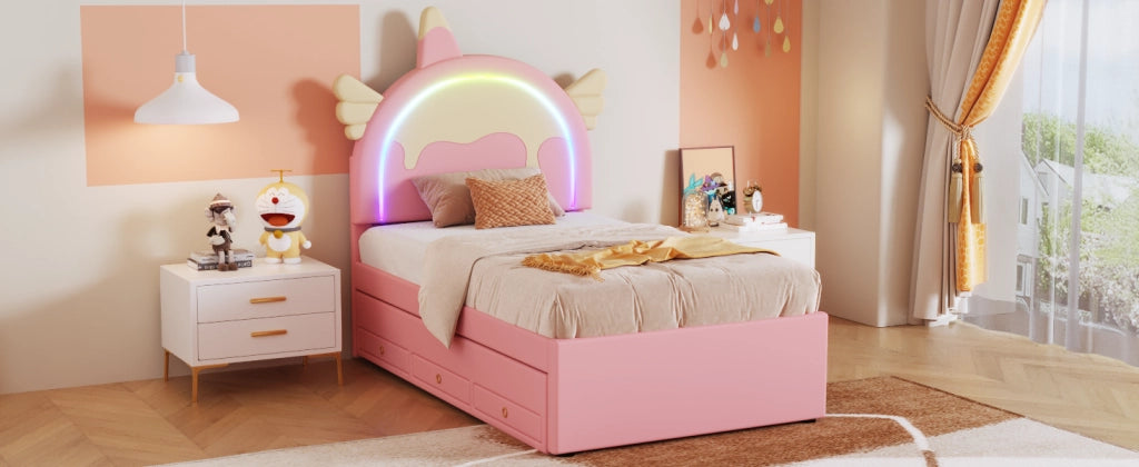 DESMIU Letto per Bambini 90 × 200 cm 1 Posto con Letto Estraibile, Cassetti e Design Unicorno, senza Materasso
