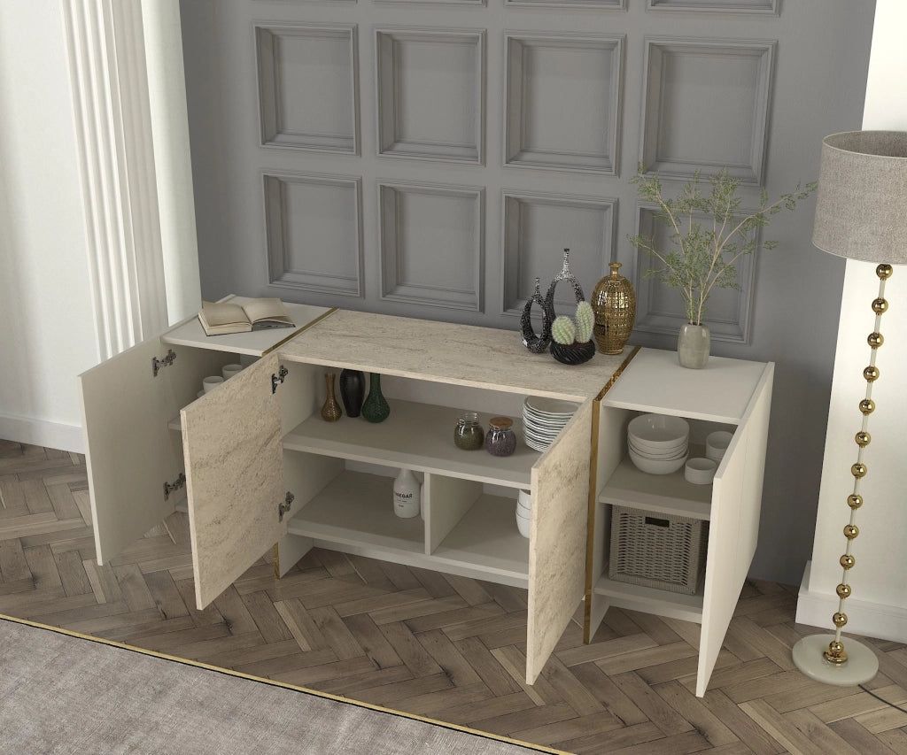 Credenza in legno "Veyron" - 180 x 46 x 75 cm - Travertino, arenaria