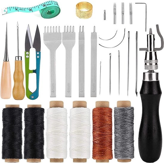 Kit di lavorazione pelle da 26 pezzi, kit di cucito a mano con filo di rammendo, punterello, ago in pelle, cappuccio per dita e altri accessori per la lavorazione della pelle