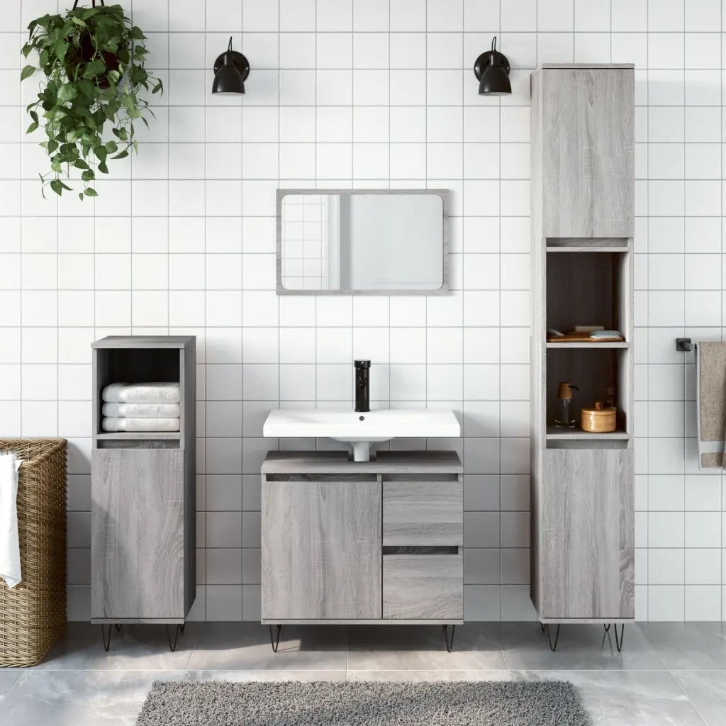 Set Mobili da Bagno | Armadio da bagno 3 pz Grigio Sonoma in Legno Multistrato