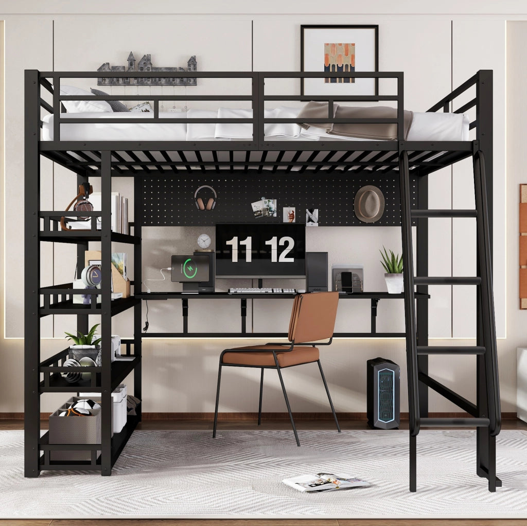 Letto a castello 140x200 cm con ripiani; grande spazio e presa di ricarica in ferro nero